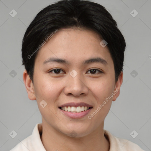 Joyful asian young-adult female with short  brown hair and brown eyes