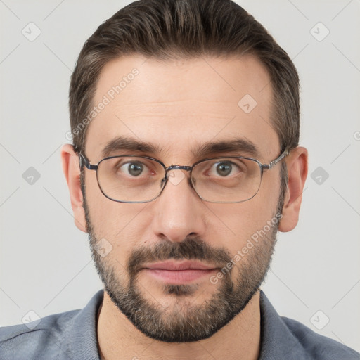 Neutral white adult male with short  brown hair and brown eyes