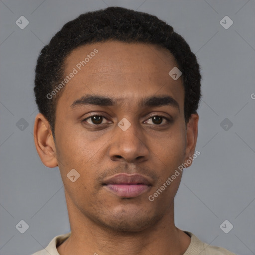 Neutral black young-adult male with short  brown hair and brown eyes