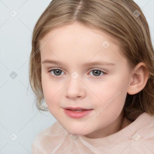 Joyful white child female with medium  brown hair and brown eyes