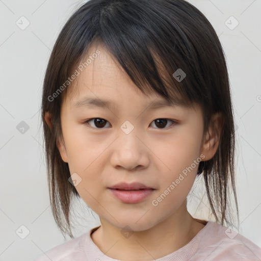 Joyful white child female with medium  brown hair and brown eyes