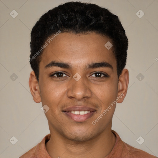 Joyful black young-adult male with short  black hair and brown eyes