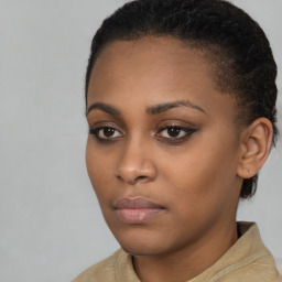 Neutral black young-adult female with short  brown hair and brown eyes