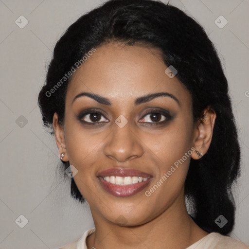 Joyful latino young-adult female with medium  black hair and brown eyes