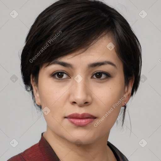 Joyful asian young-adult female with medium  black hair and brown eyes