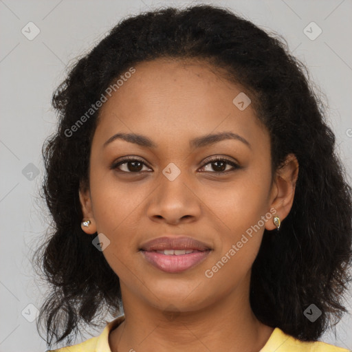 Joyful black young-adult female with long  brown hair and brown eyes