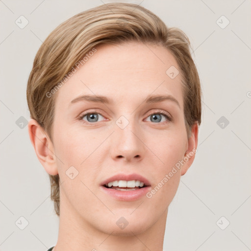 Joyful white young-adult female with short  brown hair and grey eyes