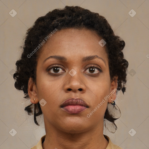 Neutral black young-adult female with medium  brown hair and brown eyes