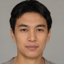 Neutral asian young-adult male with short  black hair and brown eyes