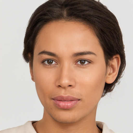 Neutral white young-adult female with short  brown hair and brown eyes