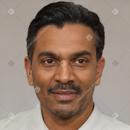 Joyful latino adult male with short  black hair and brown eyes