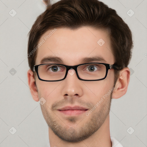 Neutral white young-adult male with short  brown hair and grey eyes