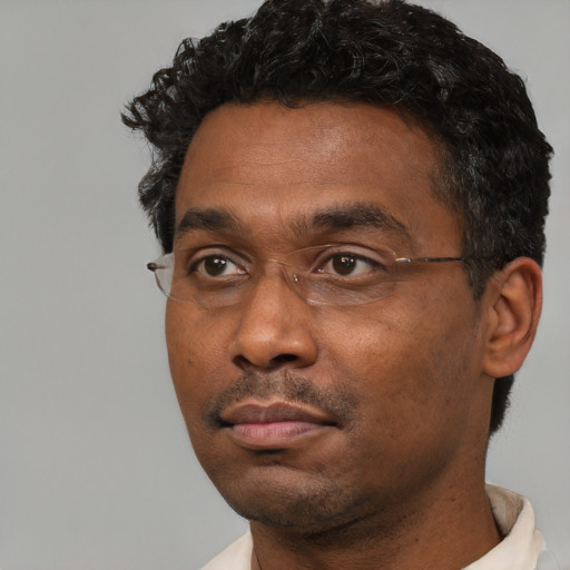 Neutral black young-adult male with short  black hair and brown eyes