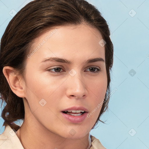 Neutral white young-adult female with medium  brown hair and brown eyes