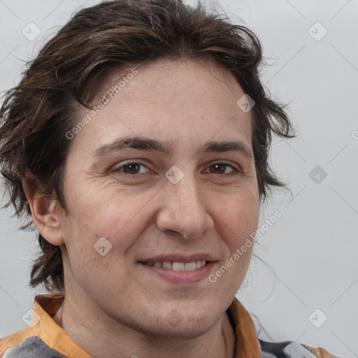 Joyful white adult female with medium  brown hair and brown eyes