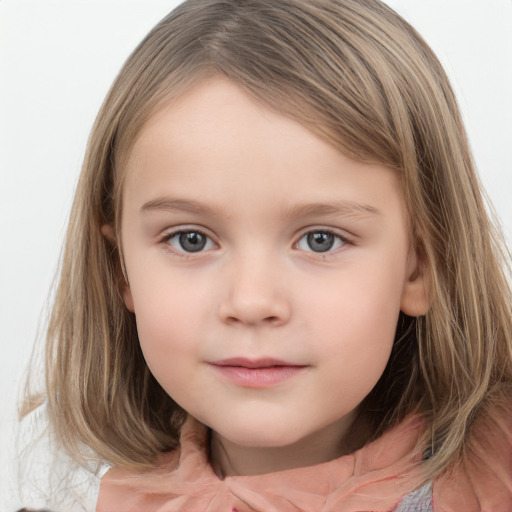 Neutral white child female with medium  brown hair and grey eyes