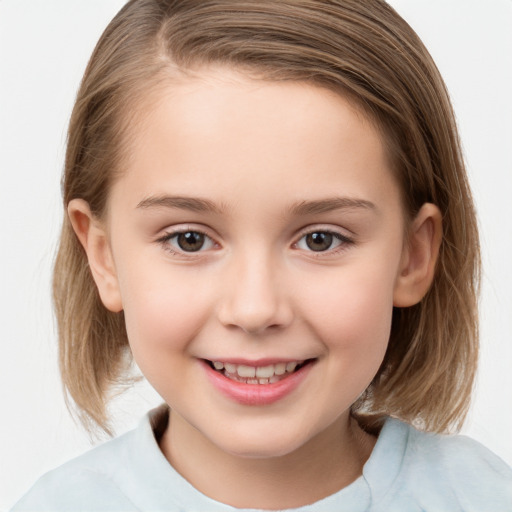 Joyful white child female with medium  brown hair and brown eyes