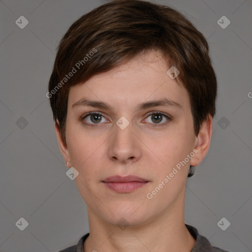 Neutral white young-adult female with short  brown hair and brown eyes