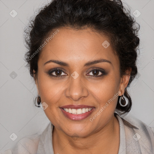 Joyful latino young-adult female with long  brown hair and brown eyes