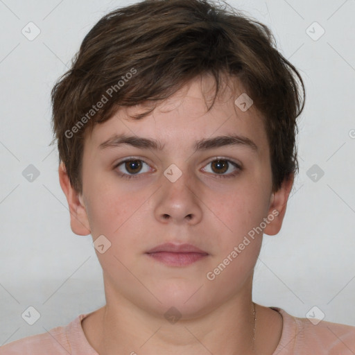 Neutral white young-adult female with short  brown hair and brown eyes