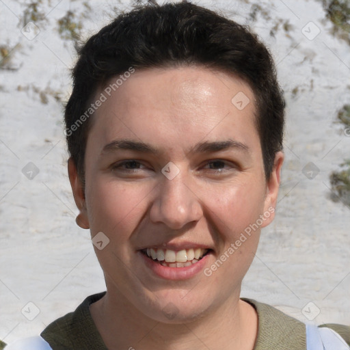 Joyful white young-adult female with short  brown hair and brown eyes