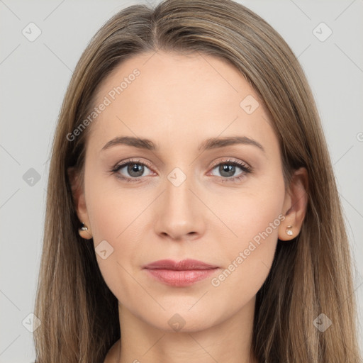 Neutral white young-adult female with long  brown hair and brown eyes