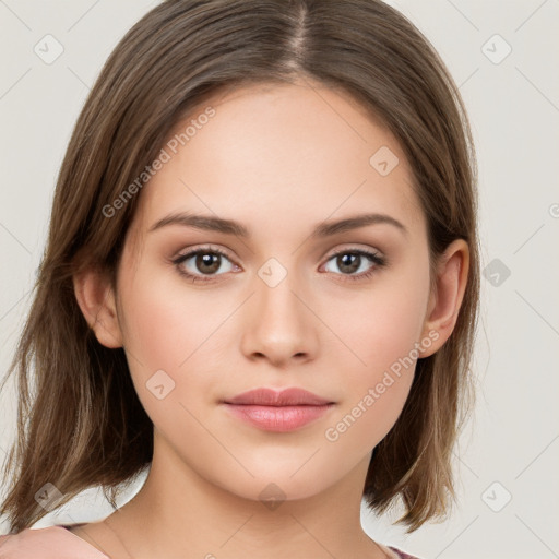 Neutral white young-adult female with medium  brown hair and brown eyes