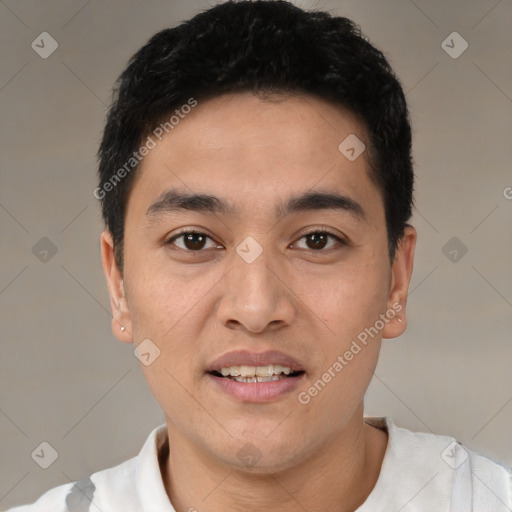 Joyful white young-adult male with short  black hair and brown eyes