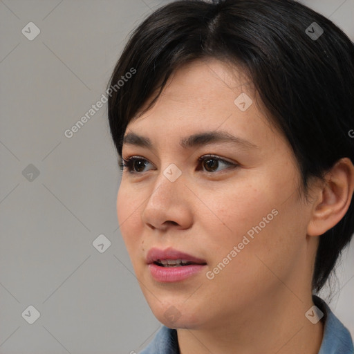 Neutral asian young-adult female with medium  black hair and brown eyes