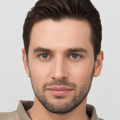 Neutral white young-adult male with short  brown hair and brown eyes