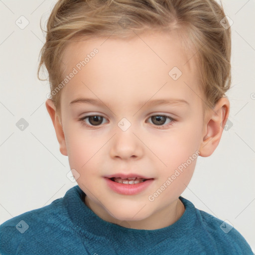 Joyful white child female with short  brown hair and brown eyes