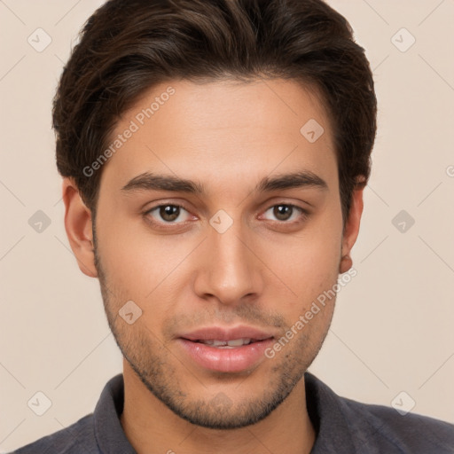 Neutral white young-adult male with short  brown hair and brown eyes