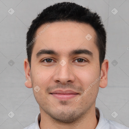 Joyful white young-adult male with short  black hair and brown eyes