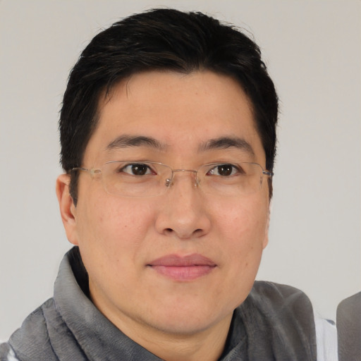 Joyful asian adult male with short  brown hair and brown eyes