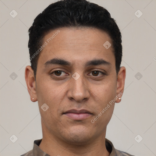 Neutral white young-adult male with short  black hair and brown eyes