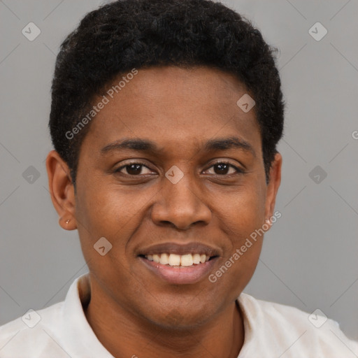 Joyful black young-adult male with short  brown hair and brown eyes