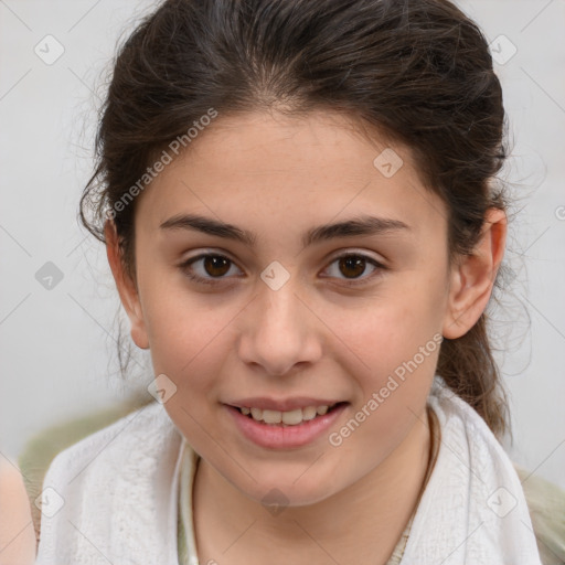 Joyful white child female with medium  brown hair and brown eyes