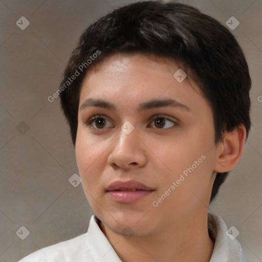 Neutral white young-adult female with short  brown hair and brown eyes