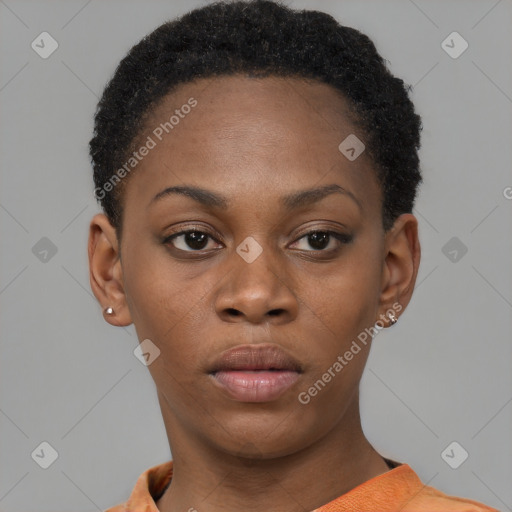 Neutral black young-adult female with short  brown hair and brown eyes