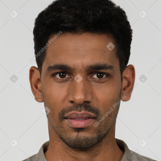 Neutral latino young-adult male with short  black hair and brown eyes