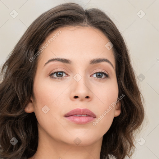 Neutral white young-adult female with medium  brown hair and brown eyes