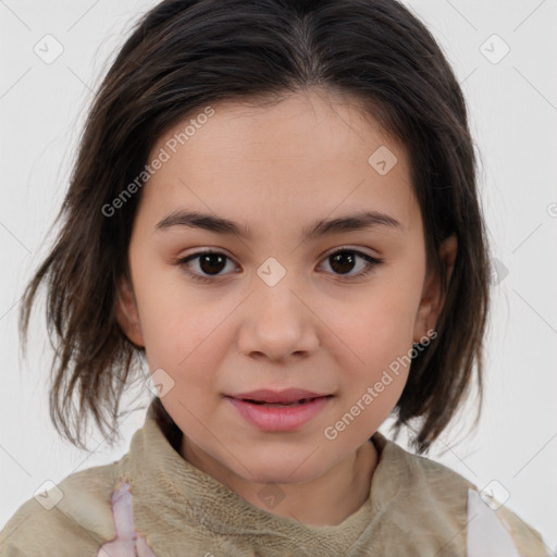 Joyful white child female with medium  brown hair and brown eyes