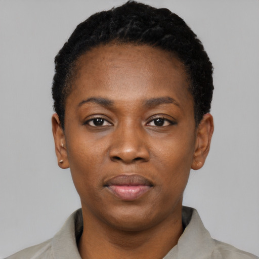 Neutral black young-adult female with short  black hair and brown eyes