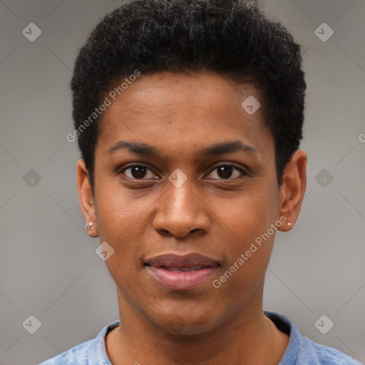 Joyful black young-adult male with short  brown hair and brown eyes