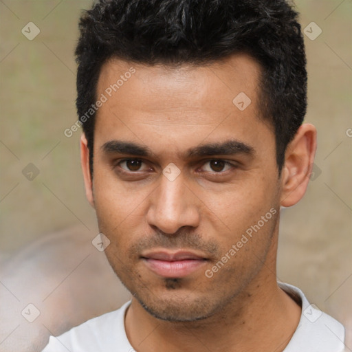 Neutral latino young-adult male with short  black hair and brown eyes