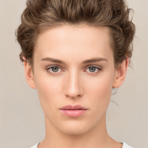 Neutral white young-adult female with short  brown hair and brown eyes