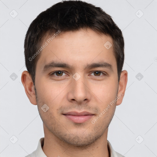 Neutral white young-adult male with short  brown hair and brown eyes