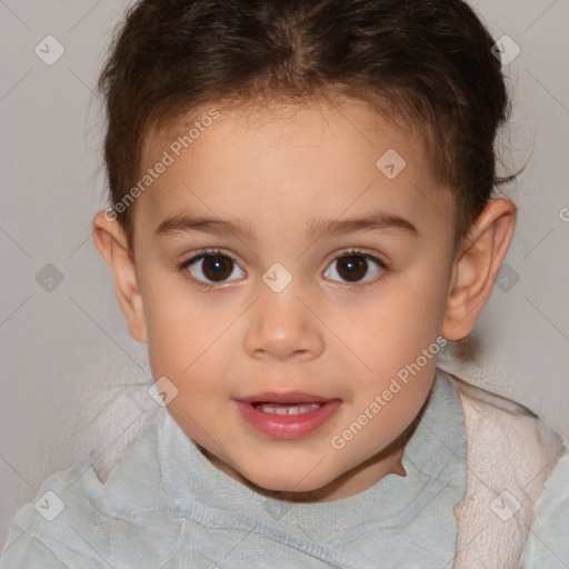 Joyful white child female with short  brown hair and brown eyes