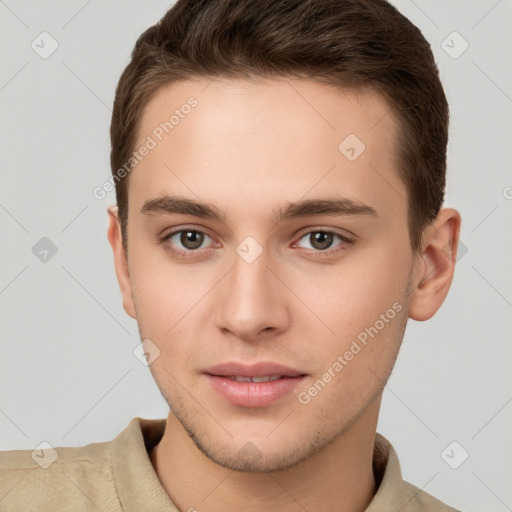 Neutral white young-adult male with short  brown hair and brown eyes