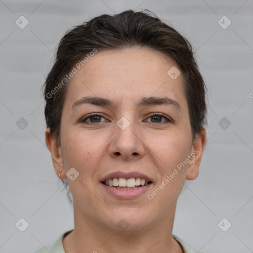 Joyful white young-adult female with short  brown hair and grey eyes